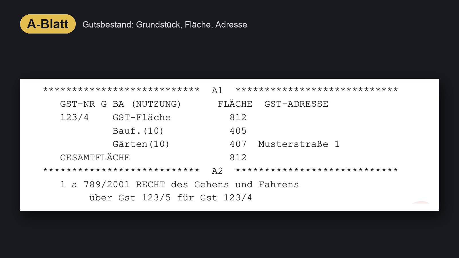 Musterauszug aus dem Grundbuch: A-Blatt mit Grundstücksnummer, Nutzung, Fläche und Adresse