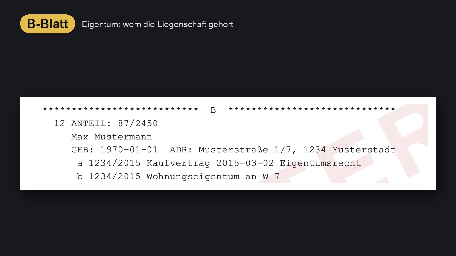 Musterauszug aus dem Grundbuch: B-Blatt mit Eigentümer, Anteil und Erwerbsgrund