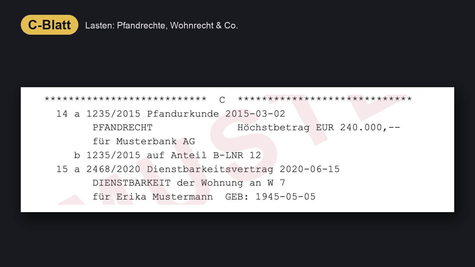 Musterauszug aus dem Grundbuch: C-Blatt mit Pfandrecht und Dienstbarkeit der Wohnung